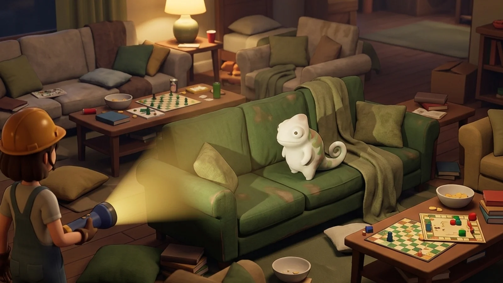 Meccha Chameleon hide-and-seek scene — hiders blend into a stylized mansion room